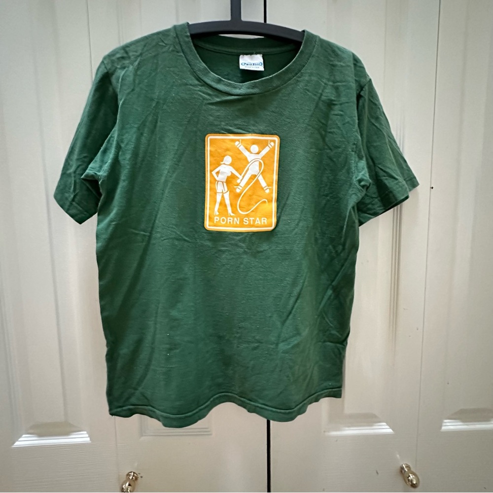 Vintage Y2K Porn Star Made in USA Green Graphic T-Shirt with Orange Design M